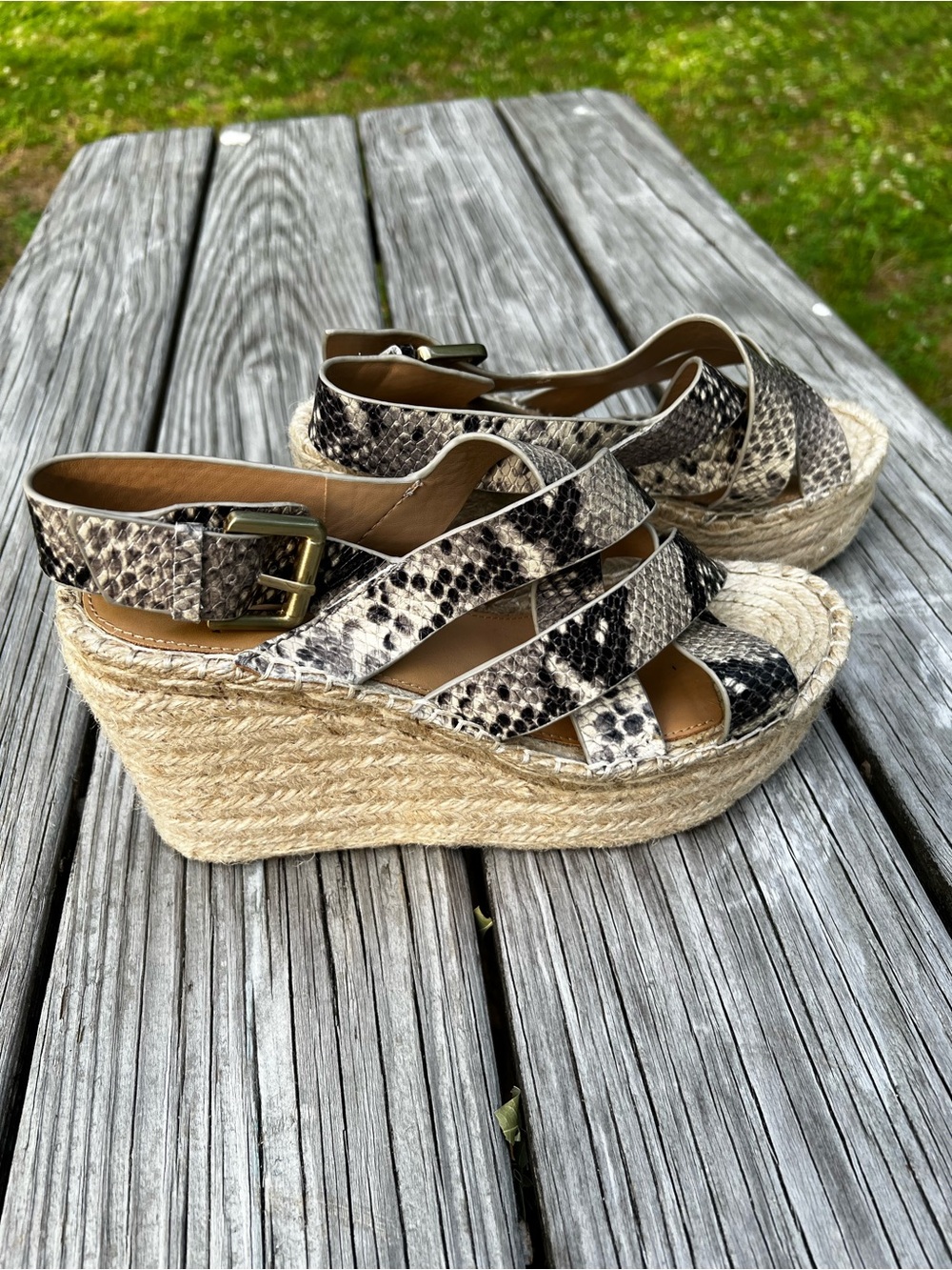 Marc Fisher Snake-Print Espadrille Wedge Sandals in Black and Gray 8
